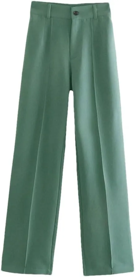 Women Solid Vintage High Waist Zipper Fly Office Straight Pants Business Casual Trousers