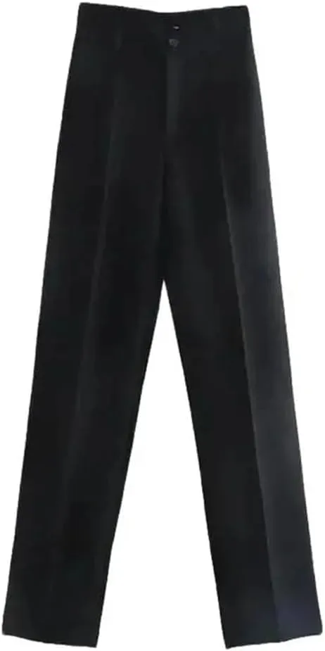 Women Solid Vintage High Waist Zipper Fly Office Straight Pants Business Casual Trousers