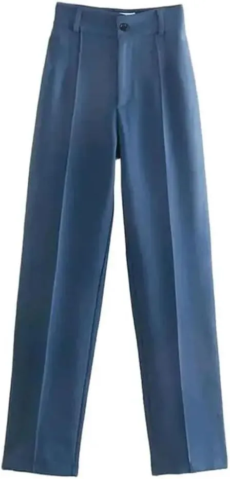 Women Solid Vintage High Waist Zipper Fly Office Straight Pants Business Casual Trousers