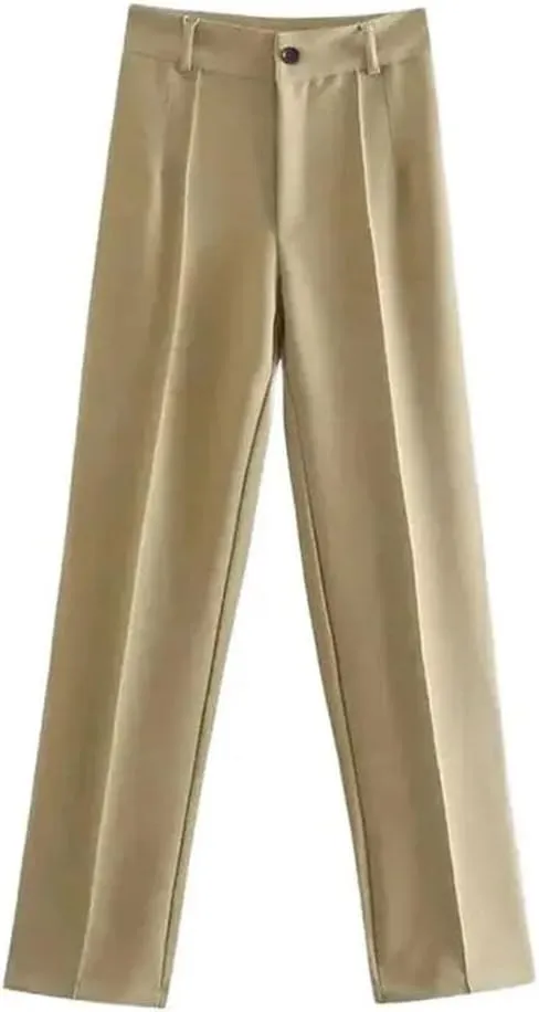 Women Solid Vintage High Waist Zipper Fly Office Straight Pants Business Casual Trousers