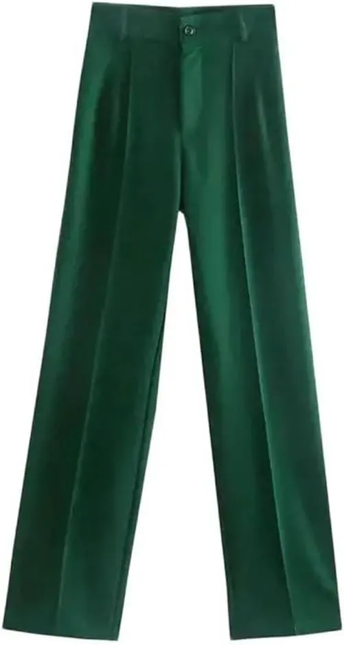 Women Solid Vintage High Waist Zipper Fly Office Straight Pants Business Casual Trousers