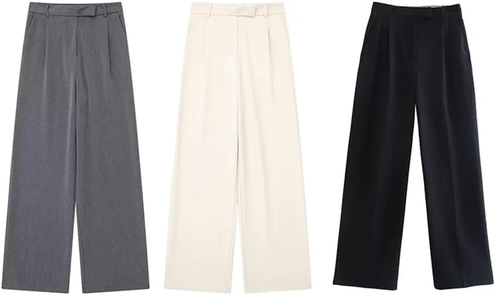 Women Solid Zipper Fly Straight Vintage High Waist Trousers Business Casual Pants