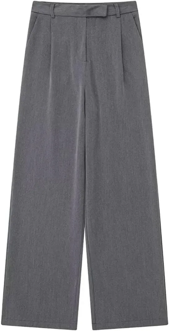 Women Solid Zipper Fly Straight Vintage High Waist Trousers Business Casual Pants