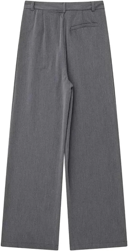 Women Solid Zipper Fly Straight Vintage High Waist Trousers Business Casual Pants