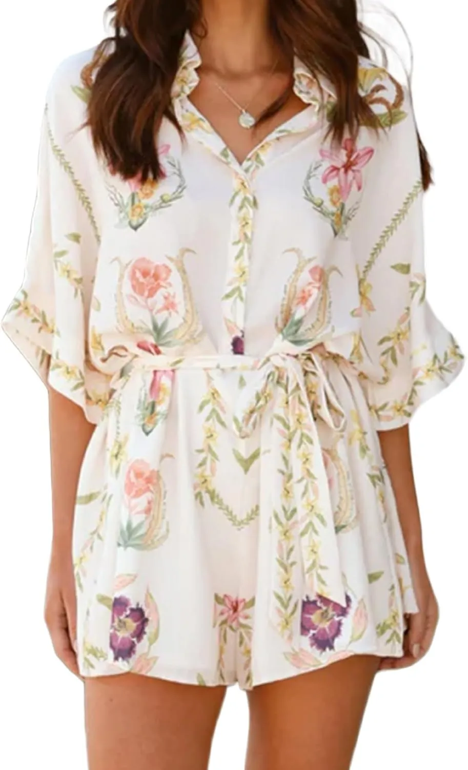 Women Summer Button Down Rompers Short Sleeve Loose Fit Overall Shorts Boho Floral Waist Tie Short Jumpsuit