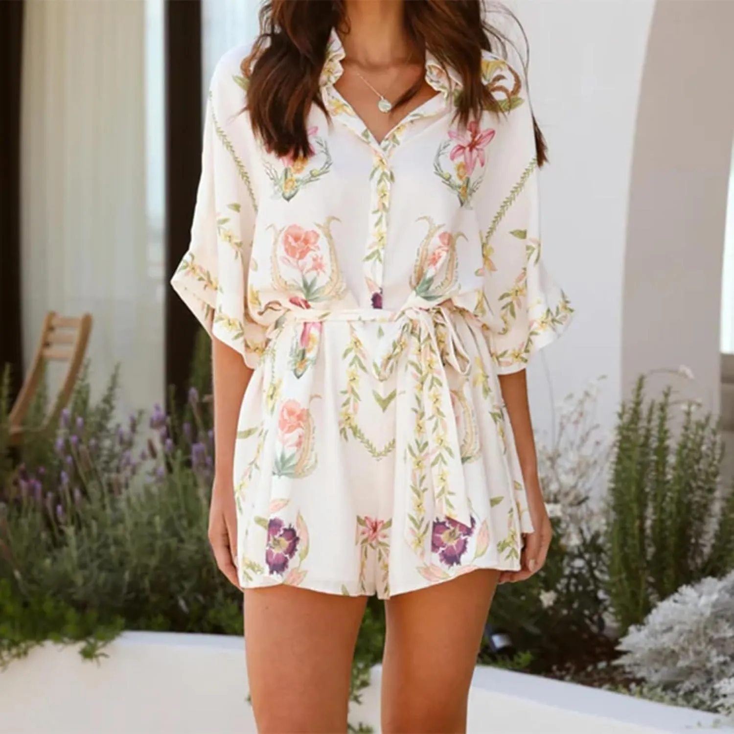 Women Summer Button Down Rompers Short Sleeve Loose Fit Overall Shorts Boho Floral Waist Tie Short Jumpsuit