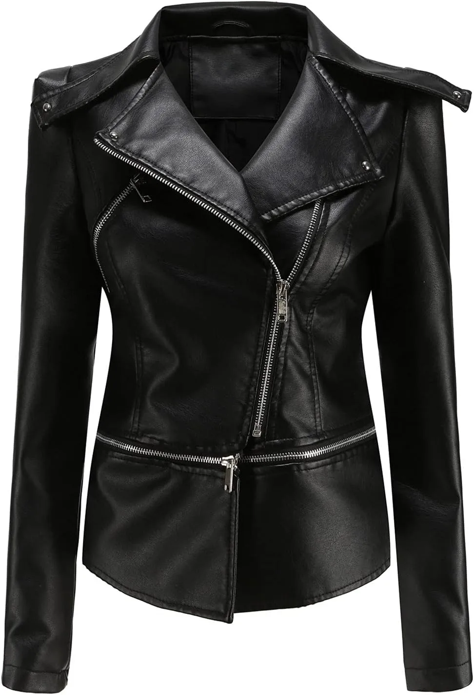Women Trendy Zipper Leather Jacket Slim Fit Casual Motorcycle Coat Long Sleeve Asymmetrical Biker Jacket Plus Size
