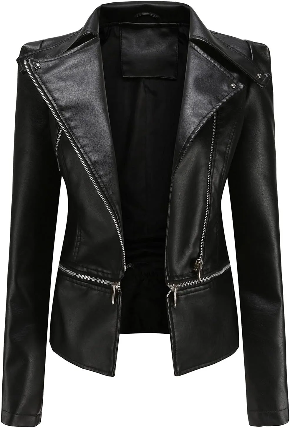 Women Trendy Zipper Leather Jacket Slim Fit Casual Motorcycle Coat Long Sleeve Asymmetrical Biker Jacket Plus Size