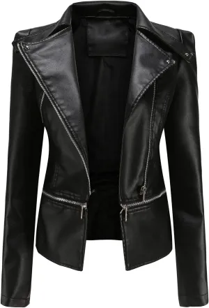 Women Trendy Zipper Leather Jacket Slim Fit Casual Motorcycle Coat Long Sleeve Asymmetrical Biker Jacket Plus Size
