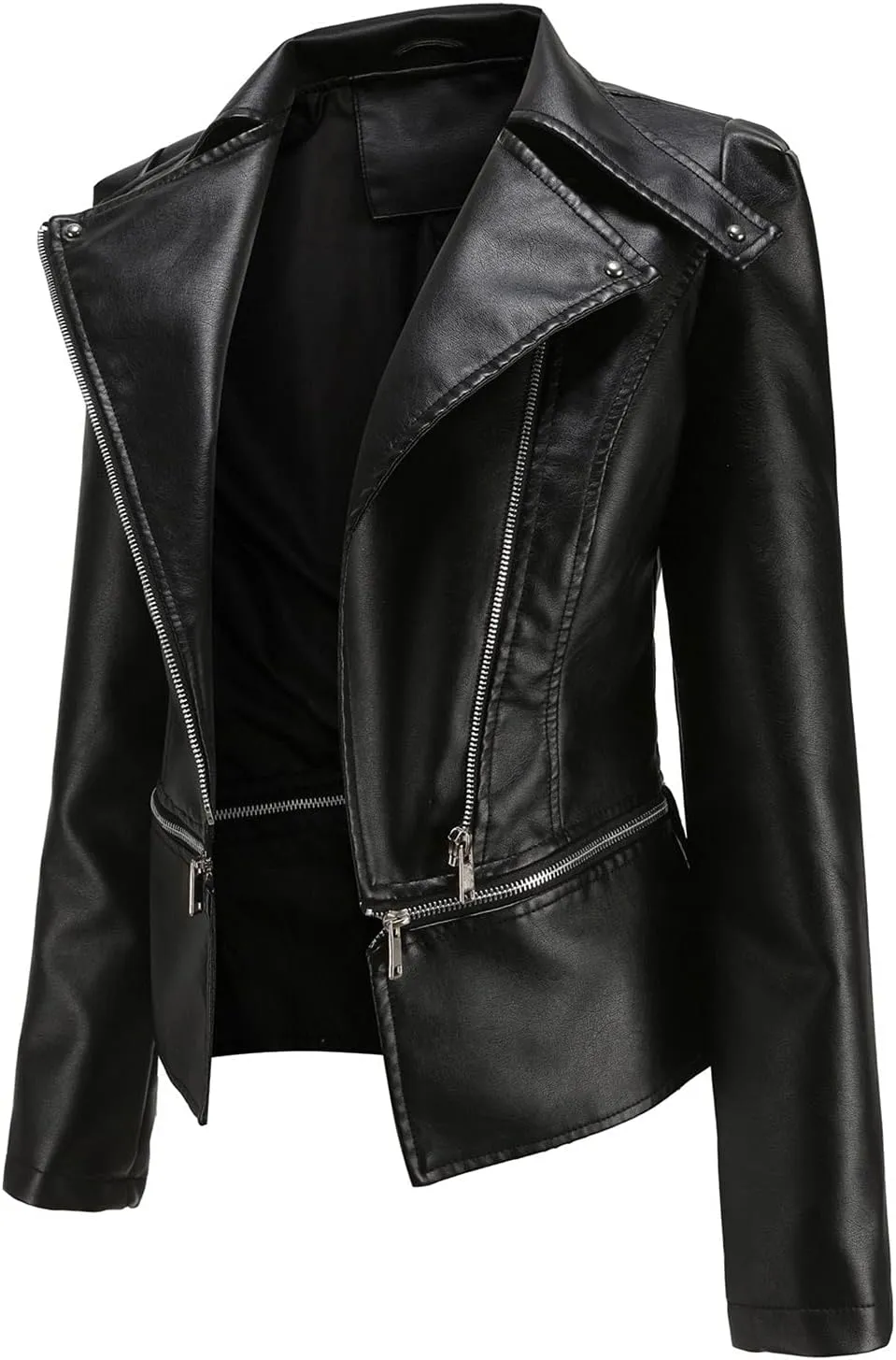 Women Trendy Zipper Leather Jacket Slim Fit Casual Motorcycle Coat Long Sleeve Asymmetrical Biker Jacket Plus Size