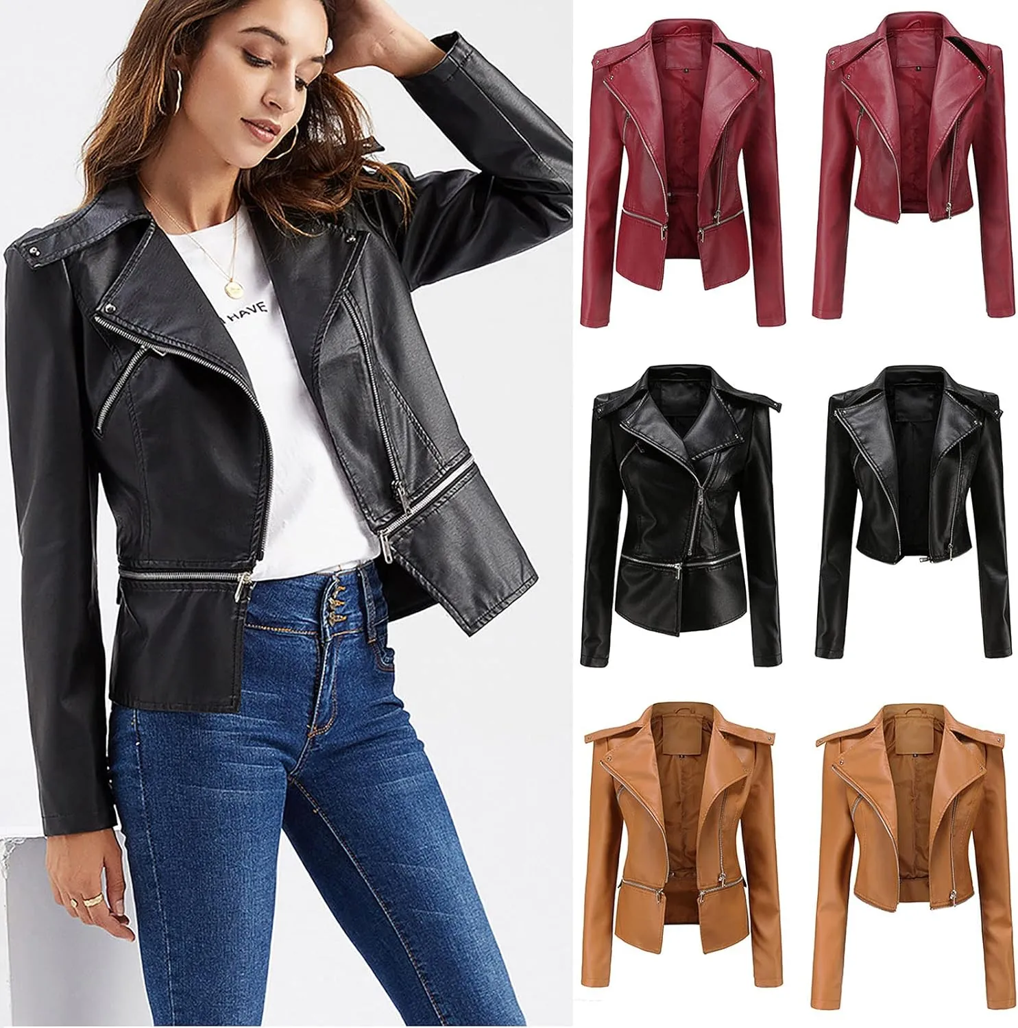 Women Trendy Zipper Leather Jacket Slim Fit Casual Motorcycle Coat Long Sleeve Asymmetrical Biker Jacket Plus Size