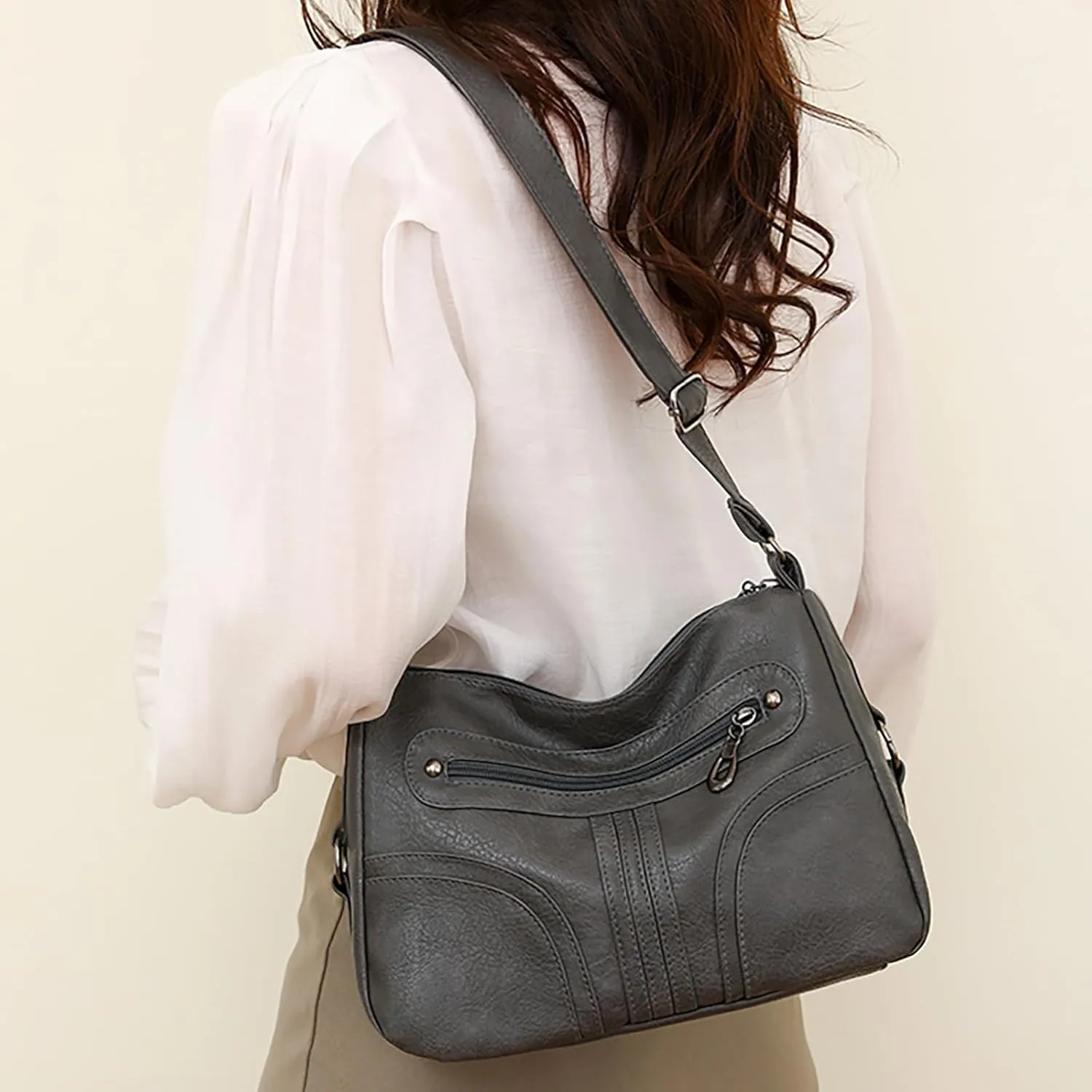 Women Vintage Soft Leather Versatile Lightweight Crossbody Bag Water Proof Pocket Adjustable Shoulder (Grey, One Size)