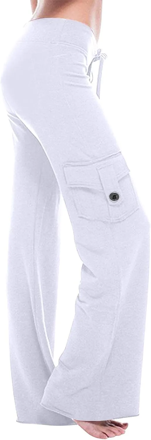 Women Workout Out Leggings Pants Solid Stretch Waist Button Pockets Yoga Gym Pants Elastic Waist Running Trousers