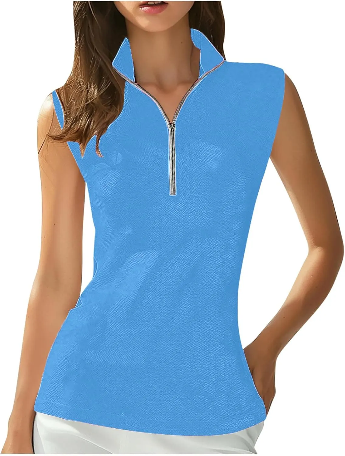 Women Workout Tank Tops Golf Tennis Shirts Zip Up Casual Summer Sport Sleeveless Top Breathable Mesh Quick Dry Tee