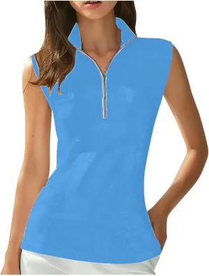 Women Workout Tank Tops Golf Tennis Shirts Zip Up Casual Summer Sport Sleeveless Top Breathable Mesh Quick Dry Tee