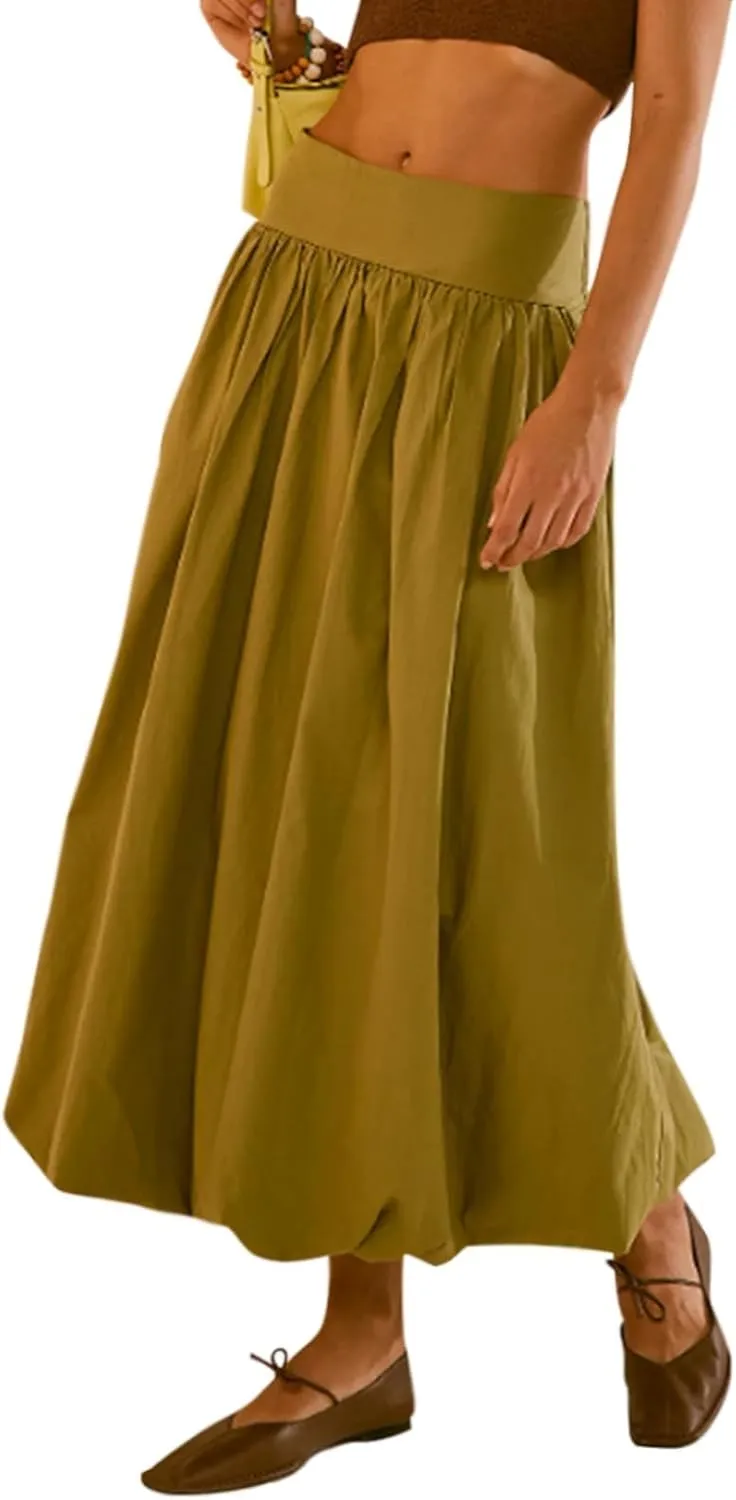 Women Y2k Bubble Maxi Skirt, Balloon Midi Skirt with Pockets, Elastic Waist Casual A Line Pleated Long Skirts