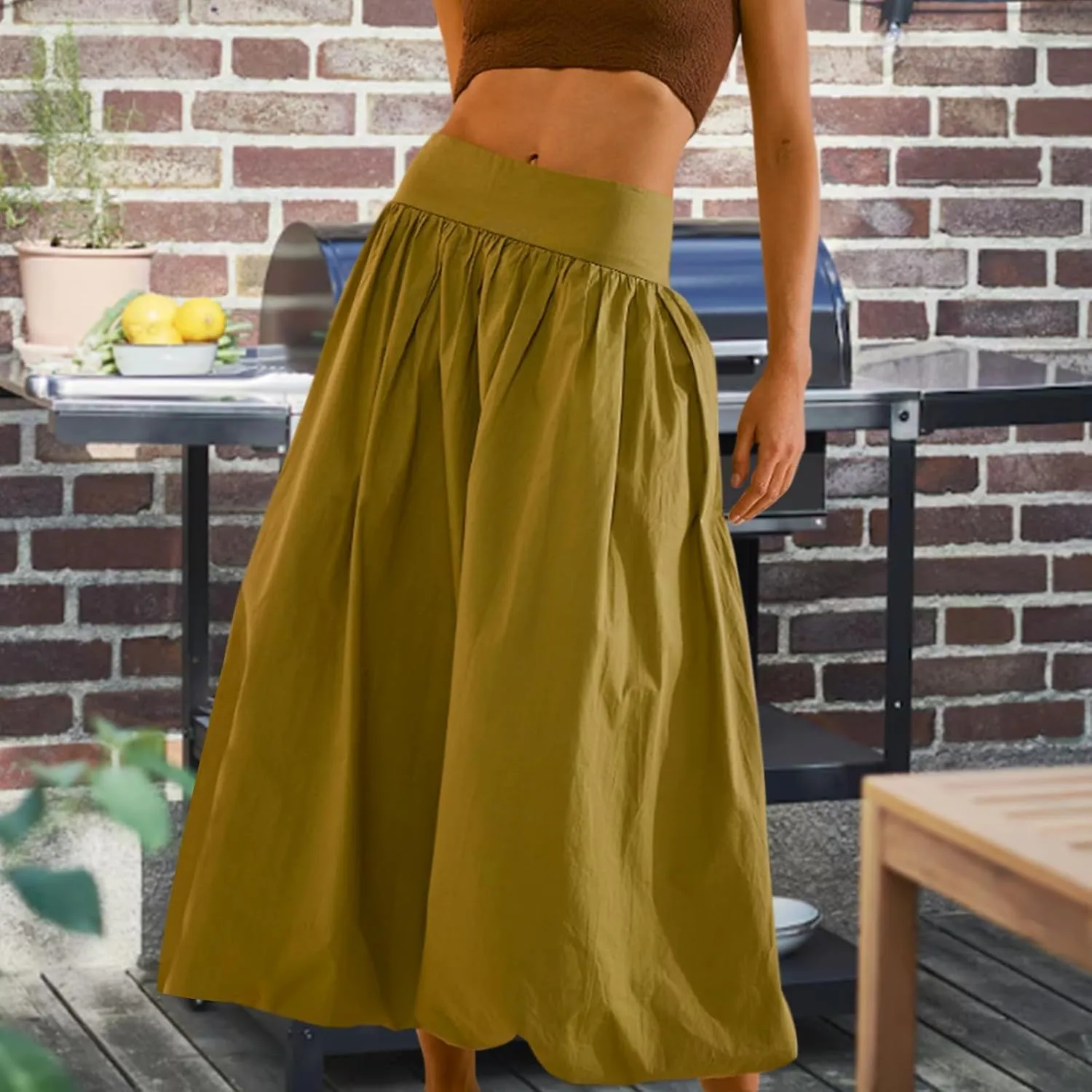 Women Y2k Bubble Maxi Skirt, Balloon Midi Skirt with Pockets, Elastic Waist Casual A Line Pleated Long Skirts