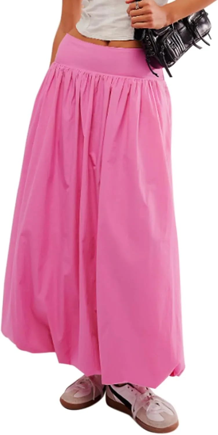 Women Y2k Bubble Maxi Skirt, Elastic Waist Casual A Line Pleated Long Skirts, Balloon Midi Skirt with Pockets (Pink,X-Large)