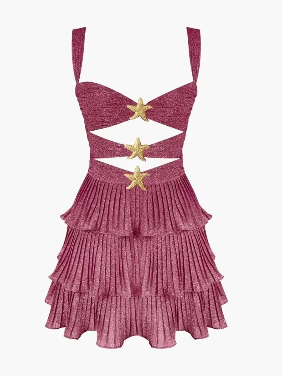 Women Y2k Sequin Mini Dress Sexy Cut Out Starfish Ruffle Tiered Dress Summer Sparkly Beach Party Sundress