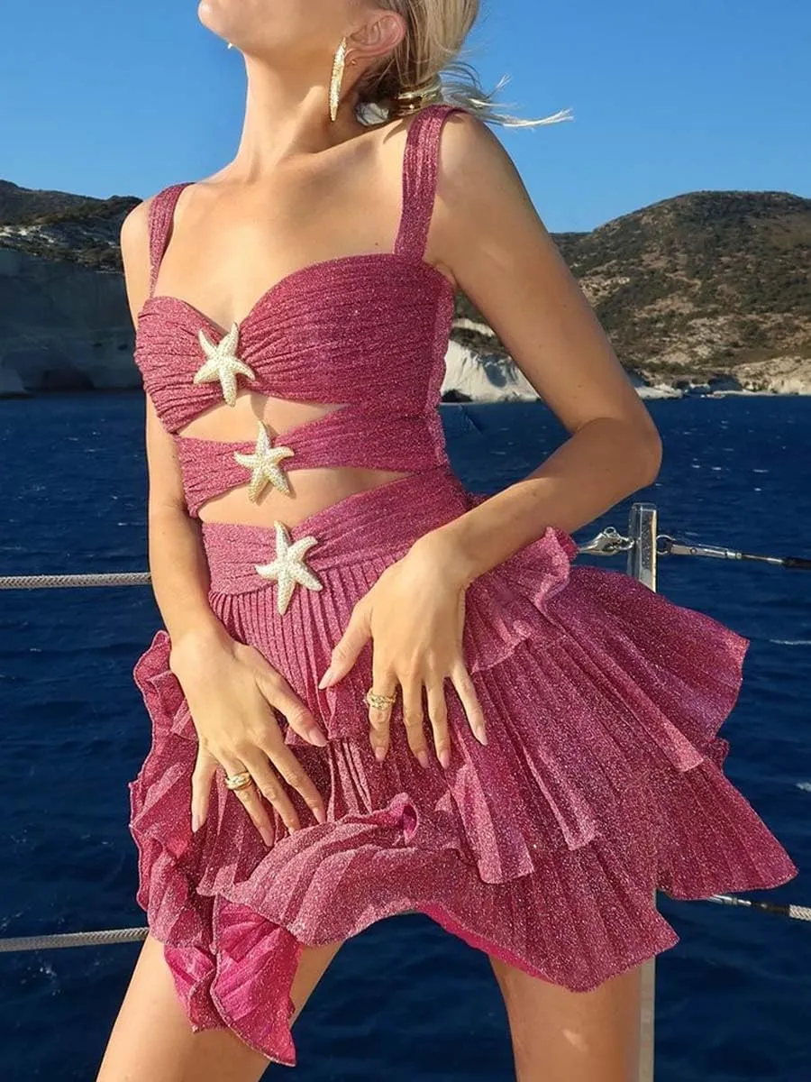 Women Y2k Sequin Mini Dress Sexy Cut Out Starfish Ruffle Tiered Dress Summer Sparkly Beach Party Sundress