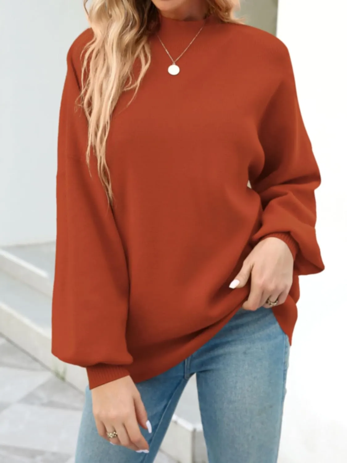 Women's 2024 Fall Fashion Mock Neck Long Lantern Sleeve Oversized Sweaters Loose Knit Pullover Sweater Tops