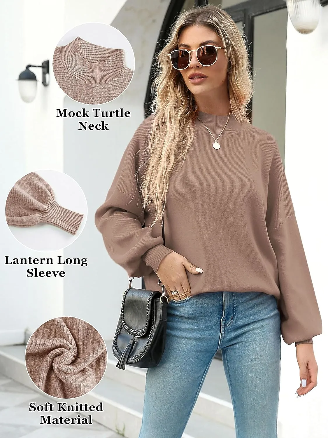 Women's 2024 Fall Fashion Mock Neck Long Lantern Sleeve Oversized Sweaters Loose Knit Pullover Sweater Tops