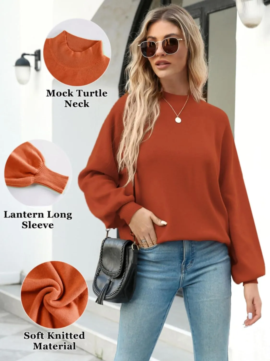 Women's 2024 Fall Fashion Mock Neck Long Lantern Sleeve Oversized Sweaters Loose Knit Pullover Sweater Tops