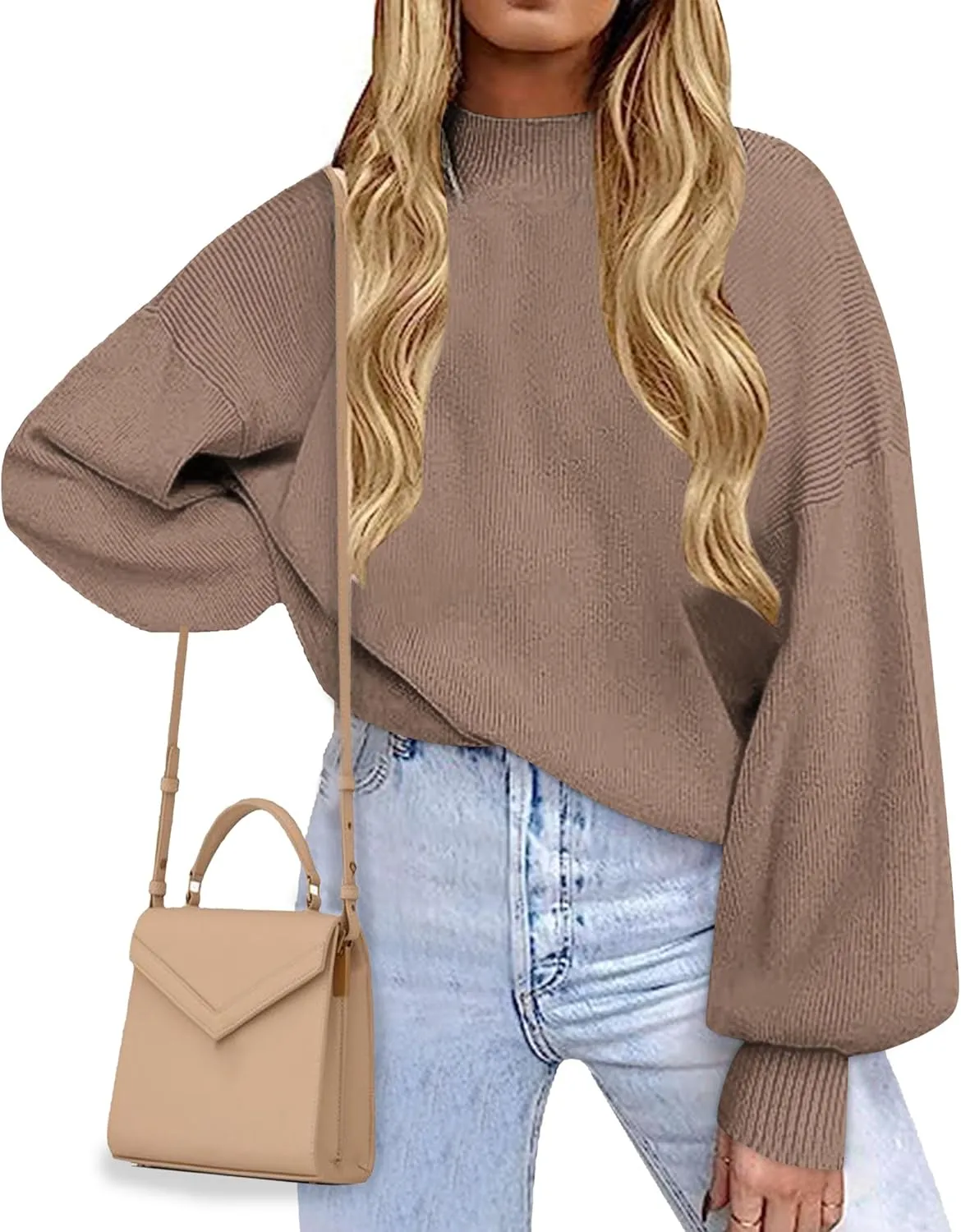Women's 2024 Fall Fashion Mock Neck Long Lantern Sleeve Oversized Sweaters Loose Knit Pullover Sweater Tops