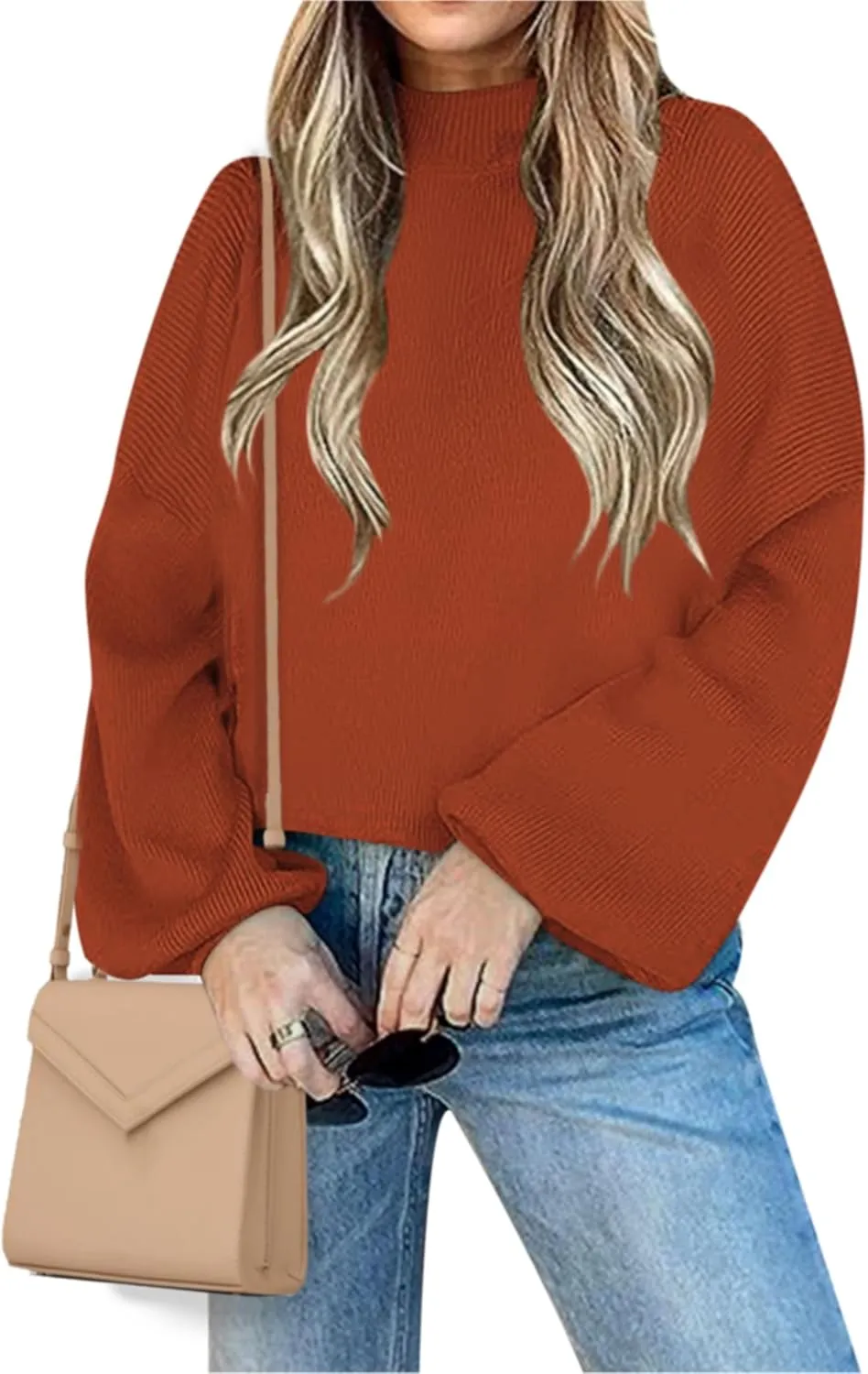 Women's 2024 Fall Fashion Mock Neck Long Lantern Sleeve Oversized Sweaters Loose Knit Pullover Sweater Tops