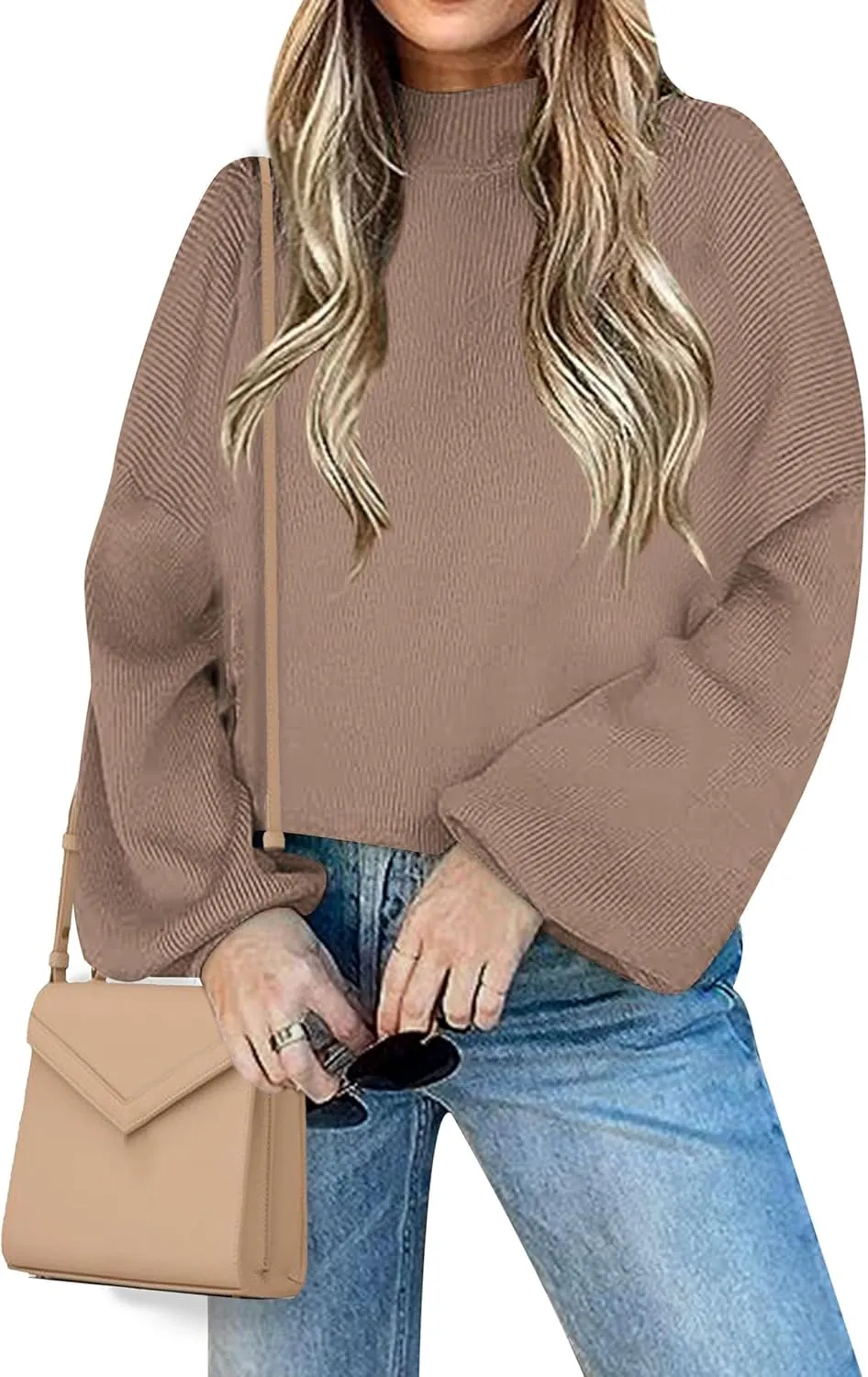 Women's 2024 Fall Fashion Mock Neck Long Lantern Sleeve Oversized Sweaters Loose Knit Pullover Sweater Tops