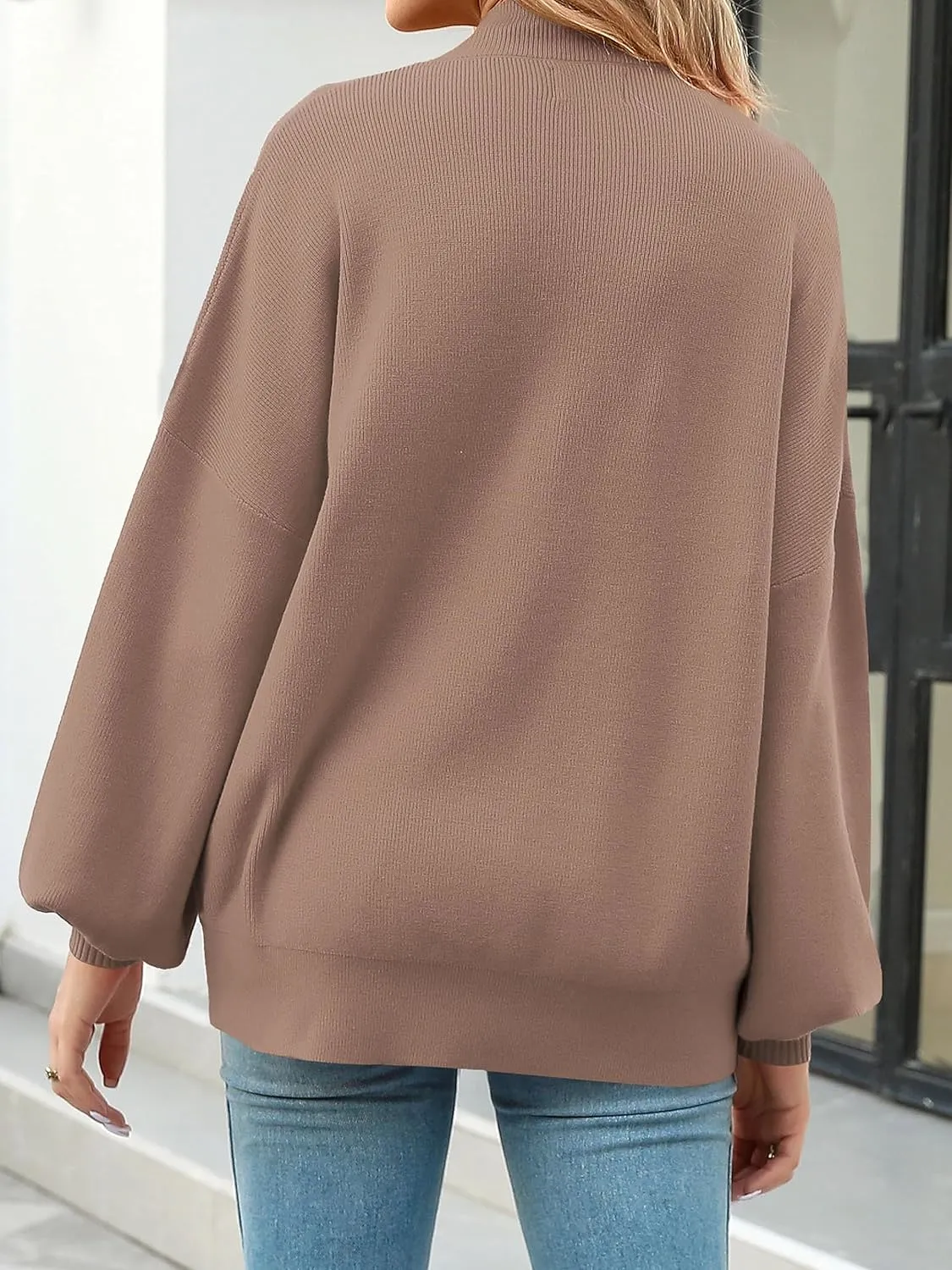 Women's 2024 Fall Fashion Mock Neck Long Lantern Sleeve Oversized Sweaters Loose Knit Pullover Sweater Tops