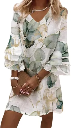 Womens 2025 Fashion Printed V-Neck Bubble Sleeve Dress Spring Summer Trendy Outfits
