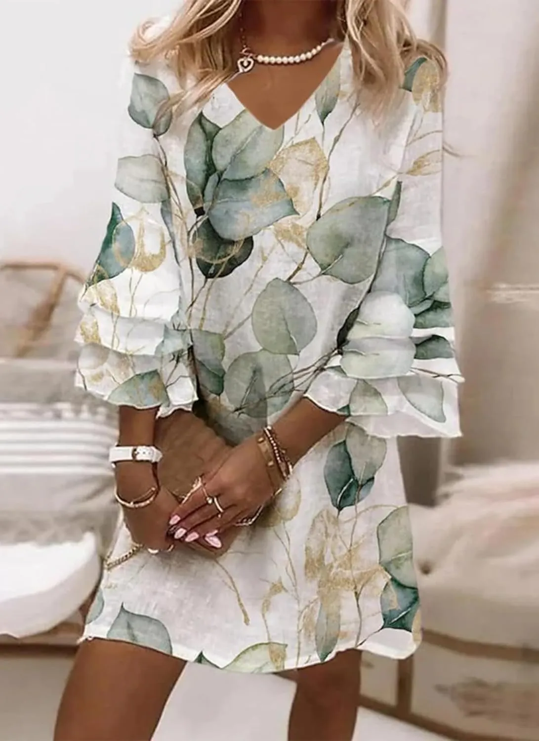 Womens 2025 Fashion Printed V-Neck Bubble Sleeve Dress Spring Summer Trendy Outfits