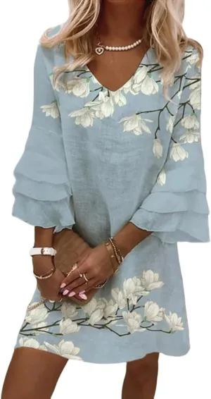 Womens 2025 Fashion Printed V-Neck Bubble Sleeve Dress Spring Summer Trendy Outfits