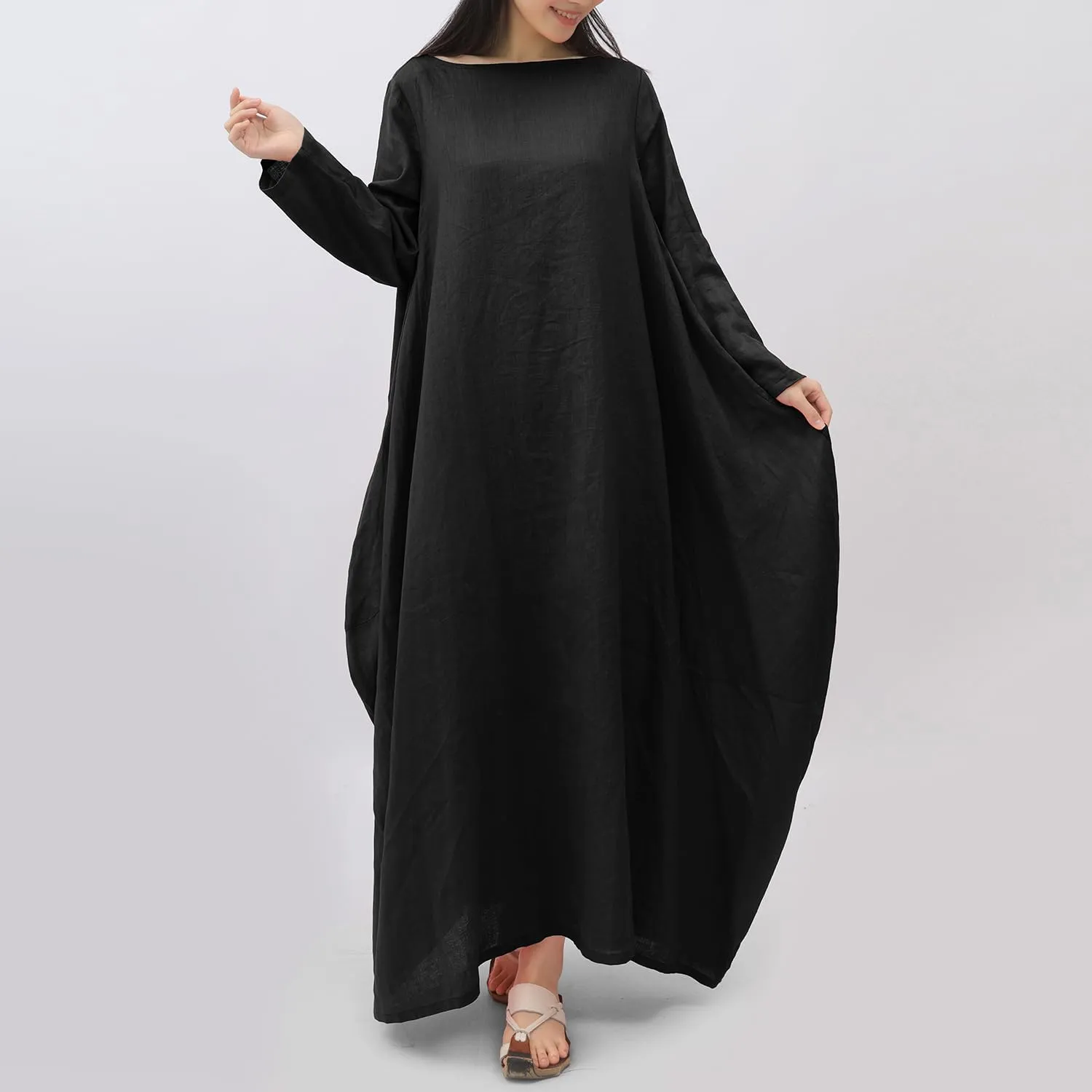 Women's 2025 Spring 100% Linen Long Dress with Long Sleeve Maxi Dress Casual Loose Fitin Solid Color Pockets