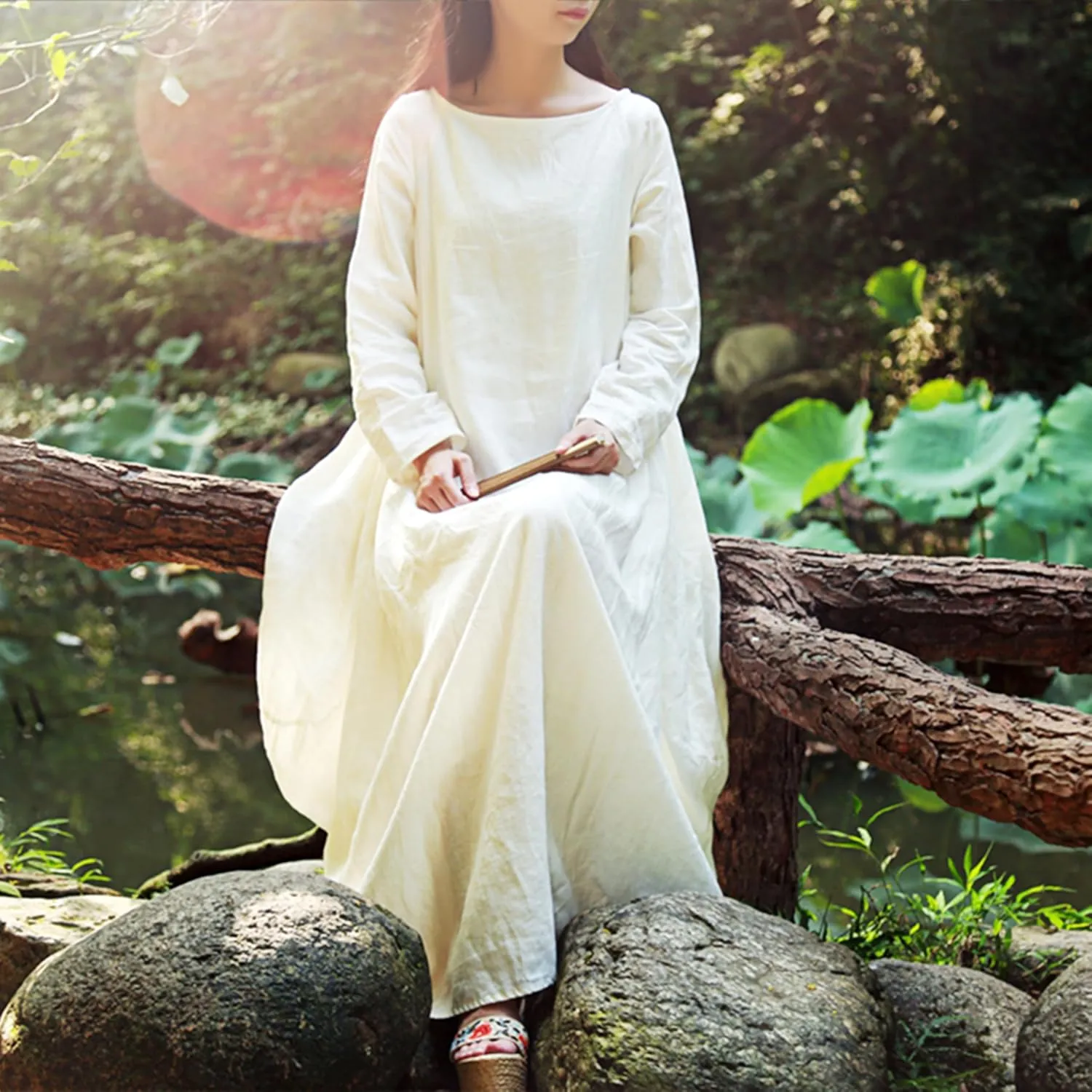 Women's 2025 Spring 100% Linen Long Dress with Long Sleeve Maxi Dress Casual Loose Fitin Solid Color Pockets