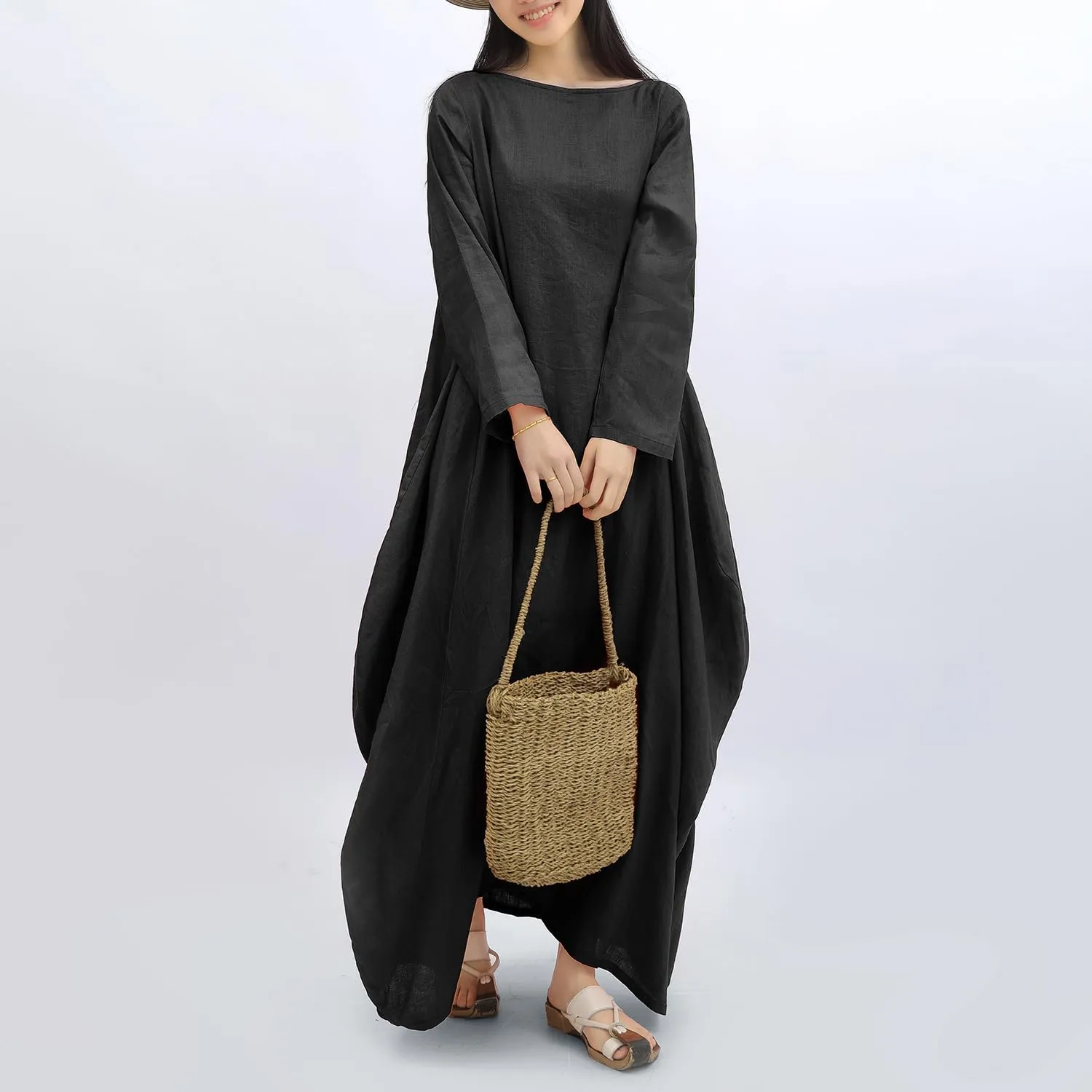 Women's 2025 Spring 100% Linen Long Dress with Long Sleeve Maxi Dress Casual Loose Fitin Solid Color Pockets