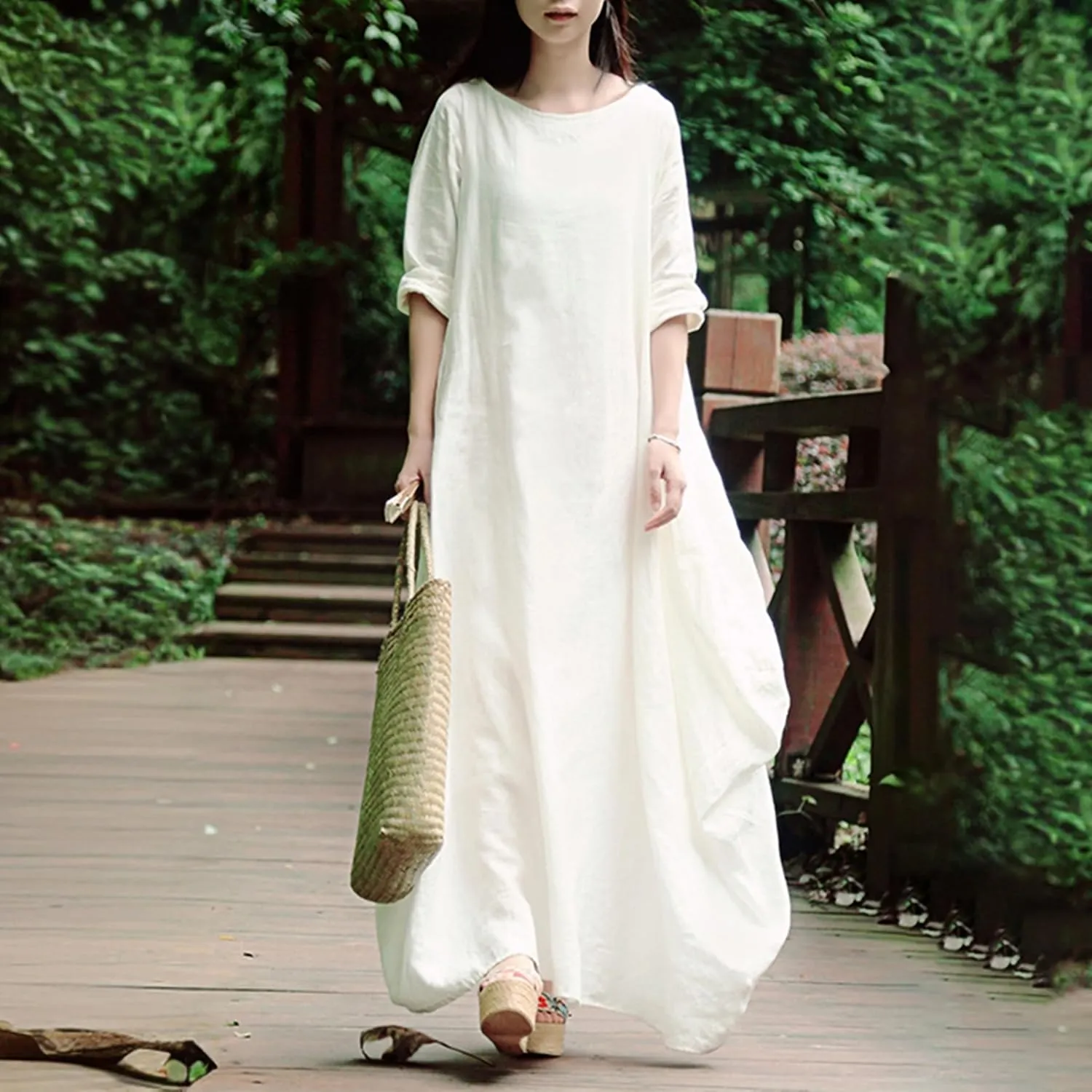 Women's 2025 Spring 100% Linen Long Dress with Long Sleeve Maxi Dress Casual Loose Fitin Solid Color Pockets