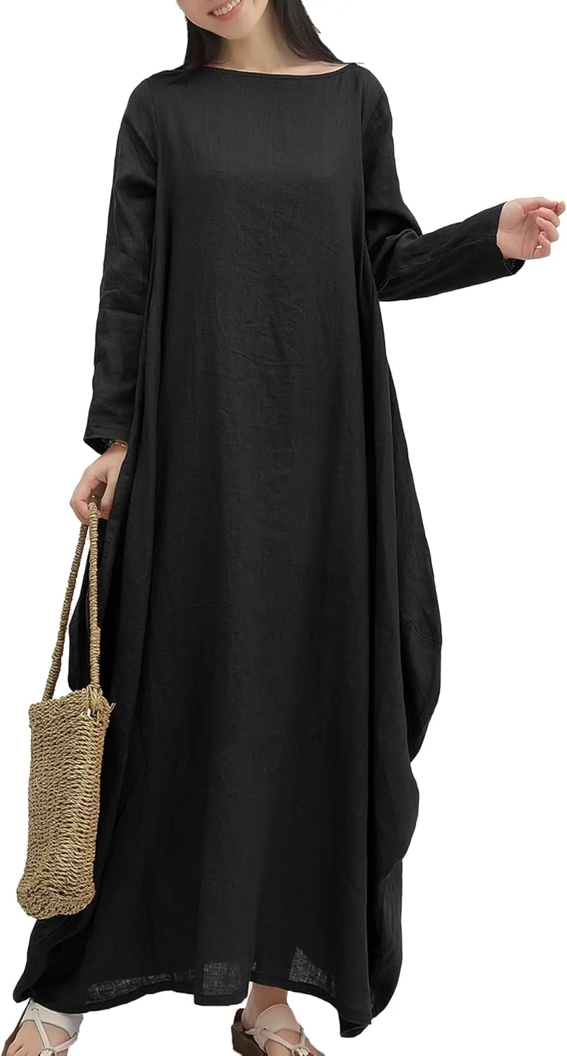 Women's 2025 Spring 100% Linen Long Dress with Long Sleeve Maxi Dress Casual Loose Fitin Solid Color Pockets