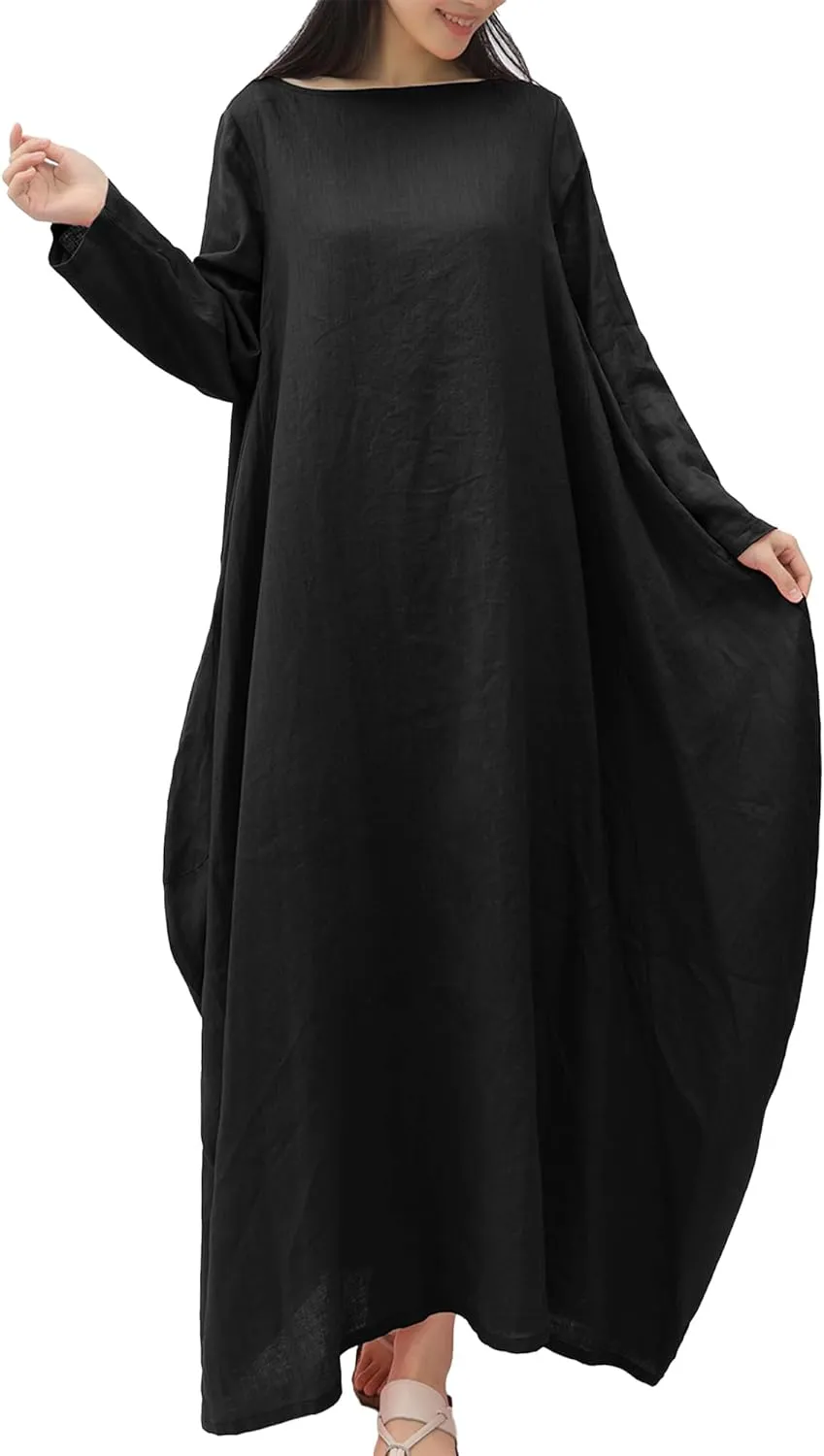 Women's 2025 Spring 100% Linen Long Dress with Long Sleeve Maxi Dress Casual Loose Fitin Solid Color Pockets