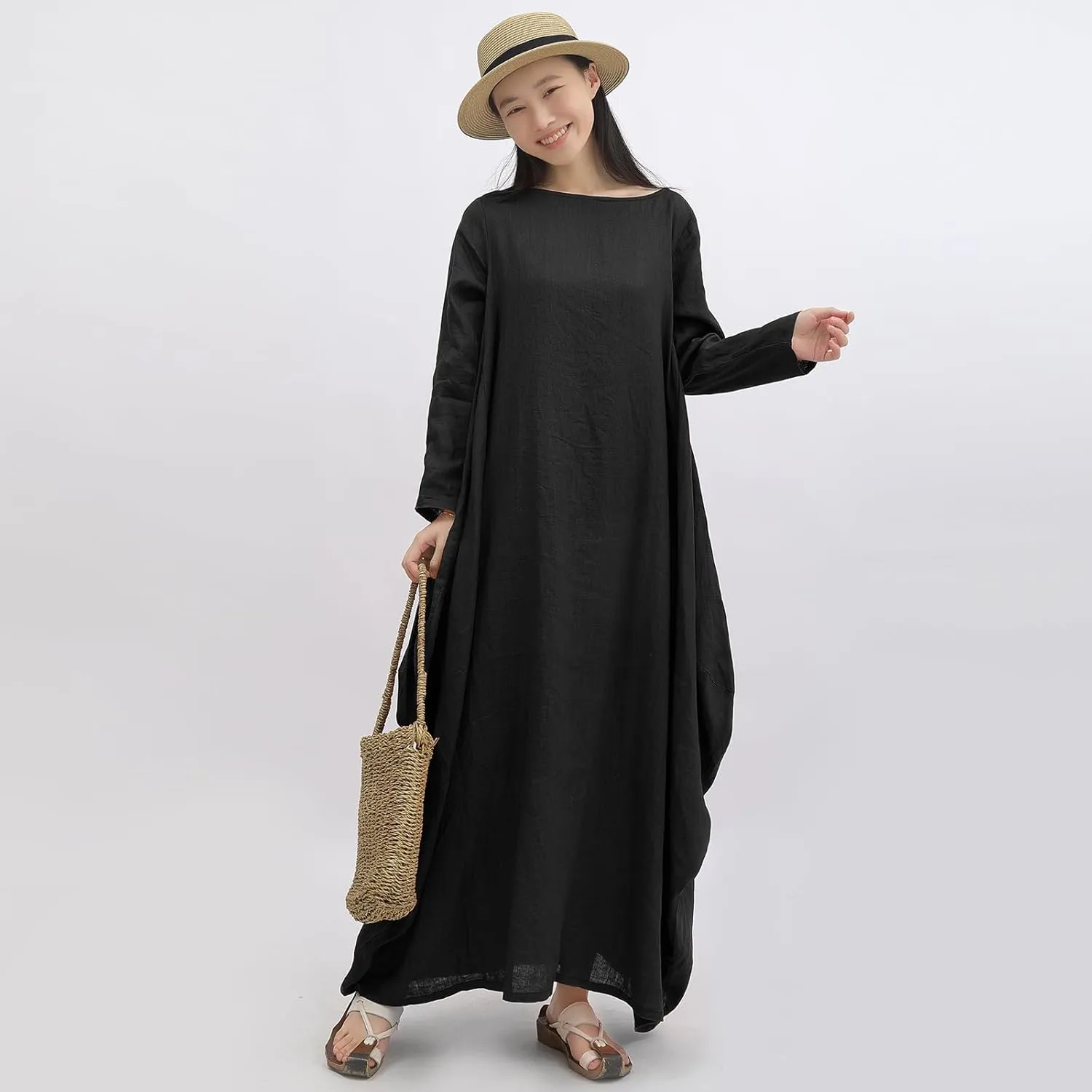 Women's 2025 Spring 100% Linen Long Dress with Long Sleeve Maxi Dress Casual Loose Fitin Solid Color Pockets