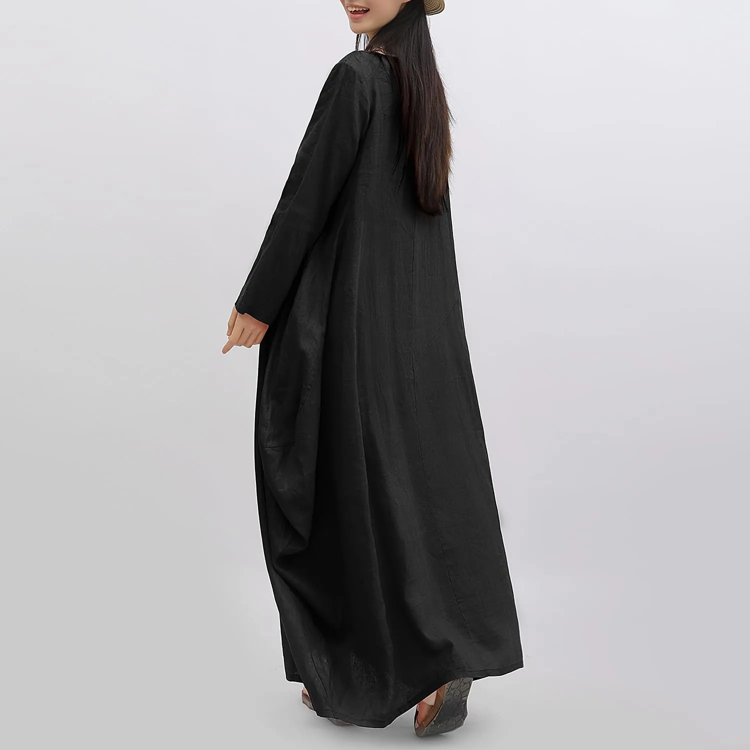 Women's 2025 Spring 100% Linen Long Dress with Long Sleeve Maxi Dress Casual Loose Fitin Solid Color Pockets