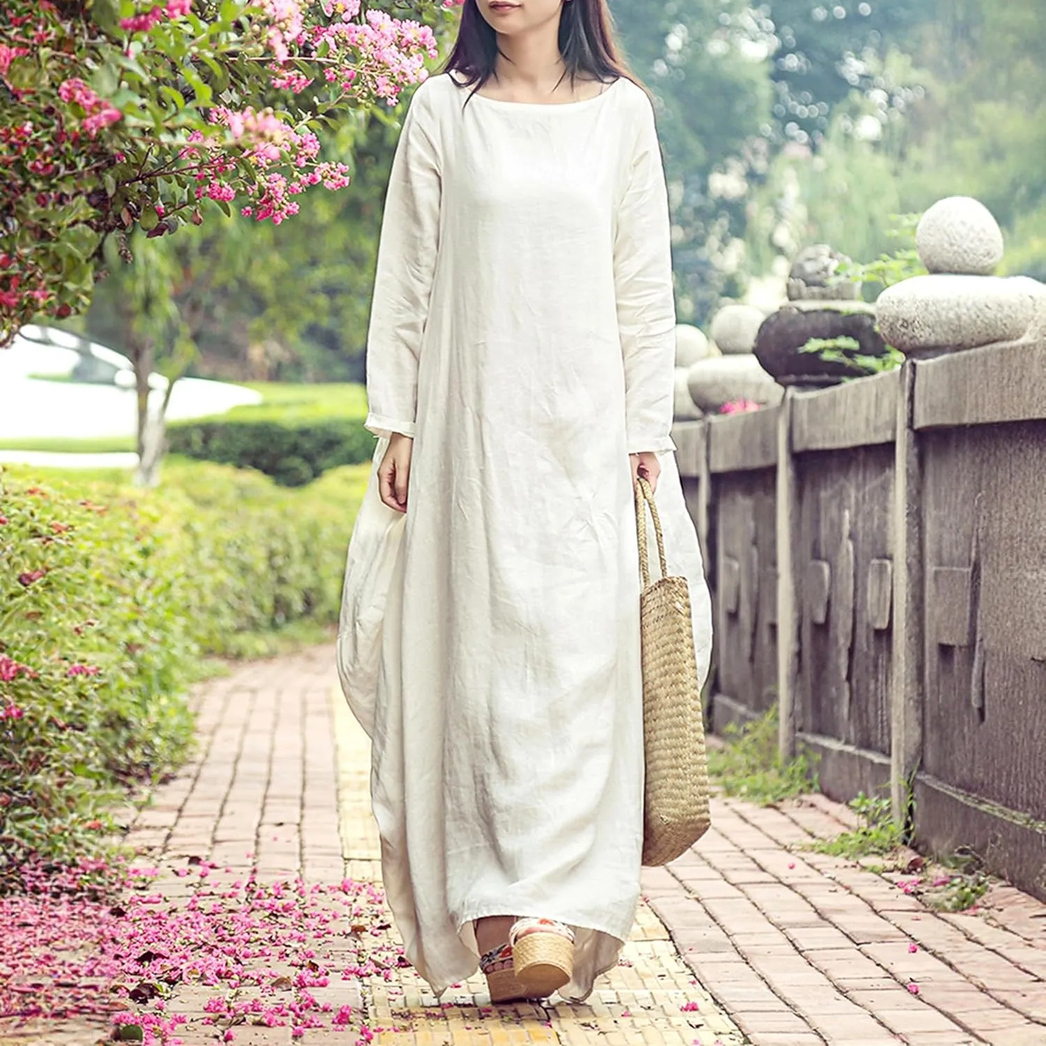 Women's 2025 Spring 100% Linen Long Dress with Long Sleeve Maxi Dress Casual Loose Fitin Solid Color Pockets