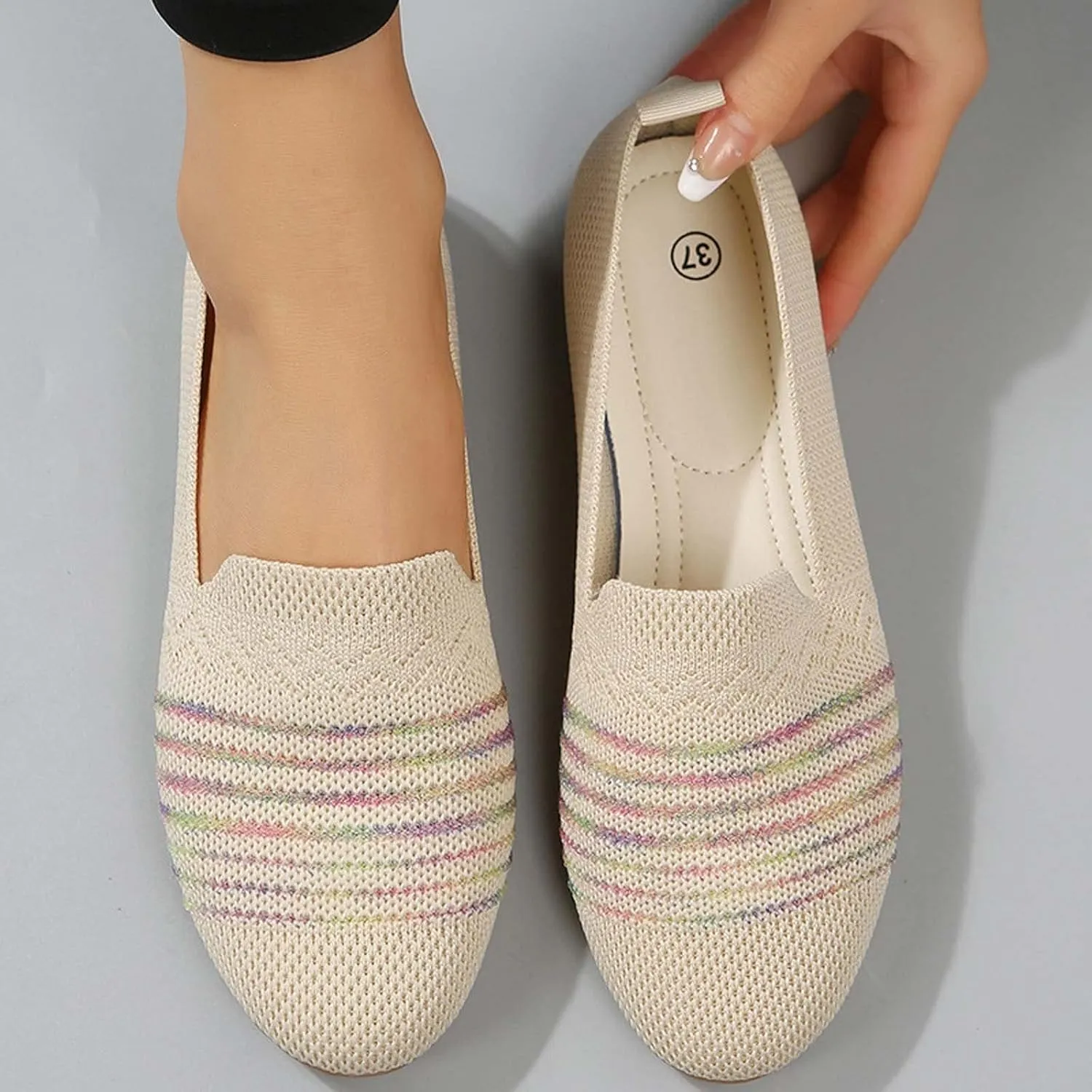 Womens Ballet Flat Shoes Dress Shoe Summer Knit Round Toe Slip On Ballerina Walking Flats Sandals for Woman Low Wedge Casual