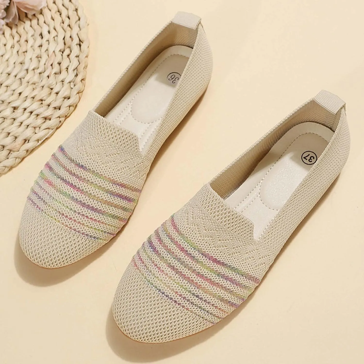 Womens Ballet Flat Shoes Dress Shoe Summer Knit Round Toe Slip On Ballerina Walking Flats Sandals for Woman Low Wedge Casual