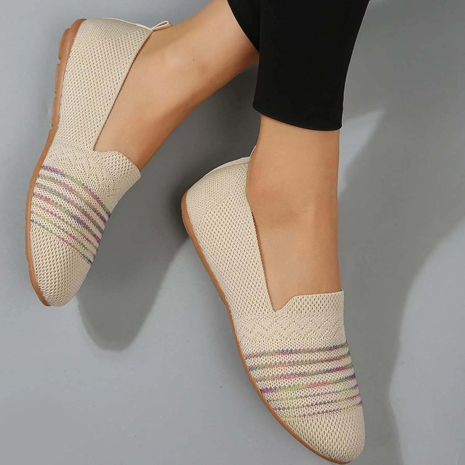 Womens Ballet Flat Shoes Dress Shoe Summer Knit Round Toe Slip On Ballerina Walking Flats Sandals for Woman Low Wedge Casual