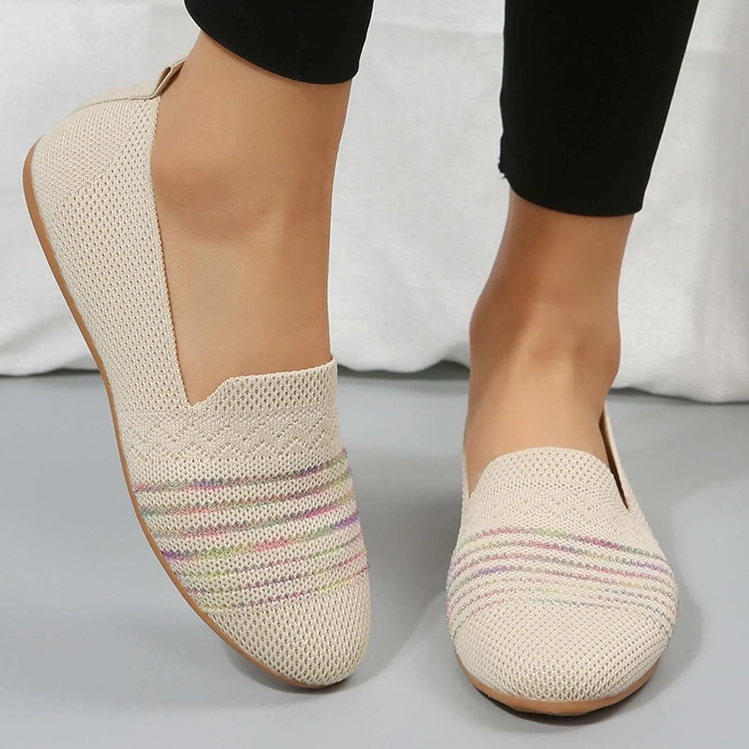 Womens Ballet Flat Shoes Dress Shoe Summer Knit Round Toe Slip On Ballerina Walking Flats Sandals for Woman Low Wedge Casual
