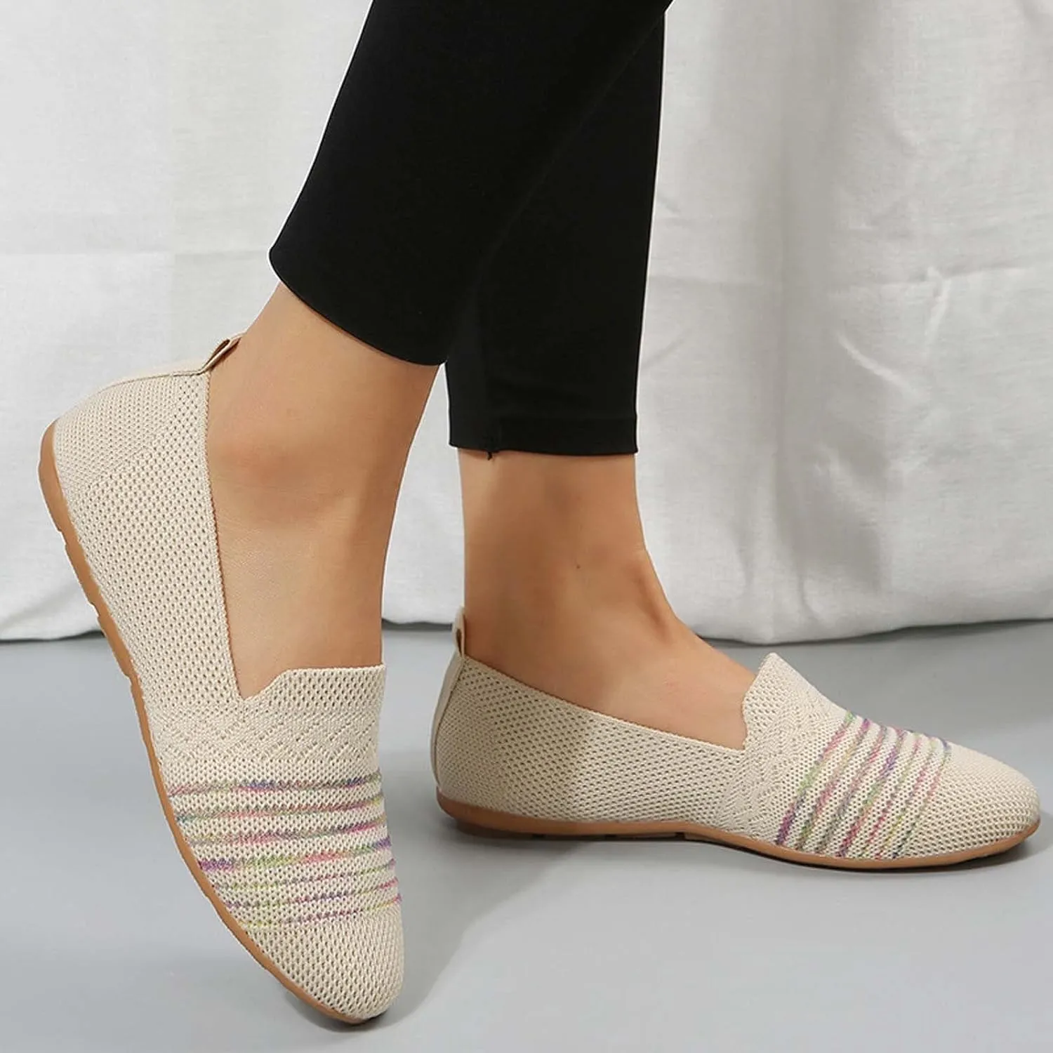 Womens Ballet Flat Shoes Dress Shoe Summer Knit Round Toe Slip On Ballerina Walking Flats Sandals for Woman Low Wedge Casual