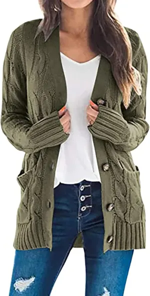Women's Cardigan Chunky Open Front Button Sweaters with Pockets Loose Slouchy Oversized Fall Outerwear Coat