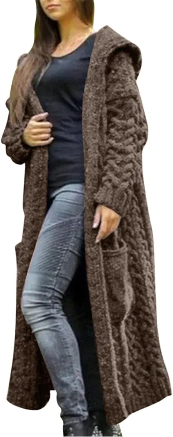Womens Cardigan Long Sweaters Chunky Twists Cable Knitted Coats Open Front Hooded Outwear 2023 Trendy Warm Sweater